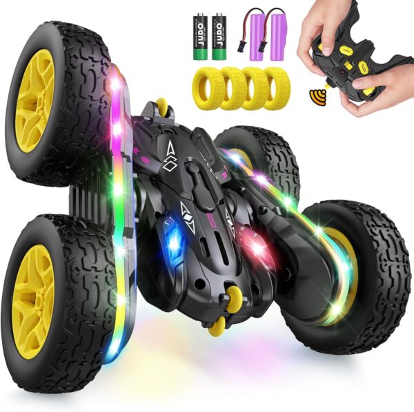 Carro a control remoto, autos RC con tira de luz lateral y faros, doble cara giratoria de 360 vueltas