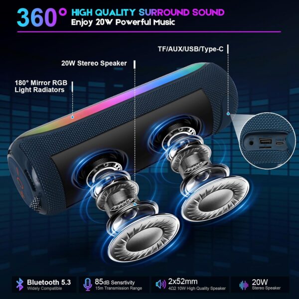 Altavoz Bluetooth 5.3 de sonido fuerte de 20 W con luces LED dinámicas frescas, para exteriores, IPX5 impermeable - Imagen 4