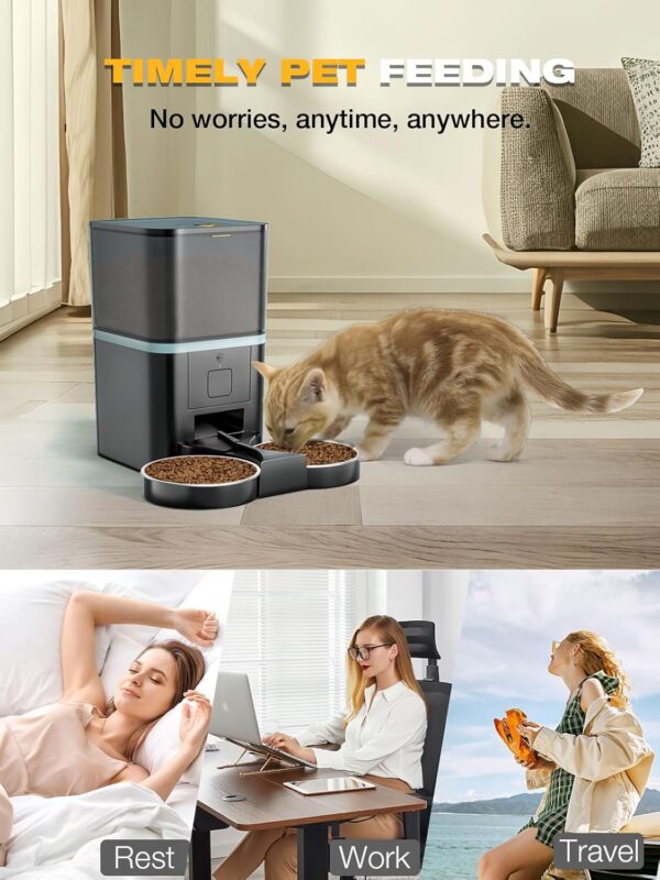 Comedor- dispensador Automático WiFi de 6L para Dos Gatos con Control Remoto desde App, Grabación de Voz y Distribución Equitativa de Porciones - Imagen 3