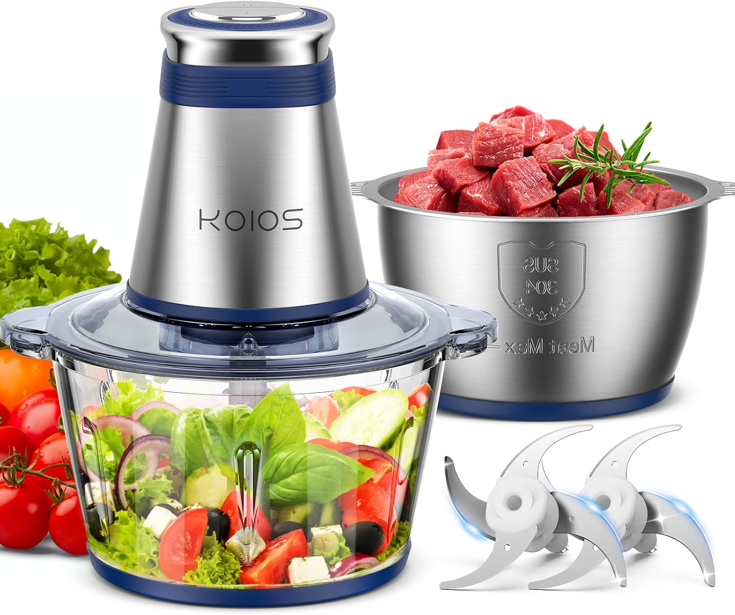 Procesador de Alimentos KOIOS 500W | Picadora Eléctrica con 2 Recipientes de 2L, Cuchillas Doble Nivel | Pica Carne, Verduras, Frutos Secos y Más – Azul