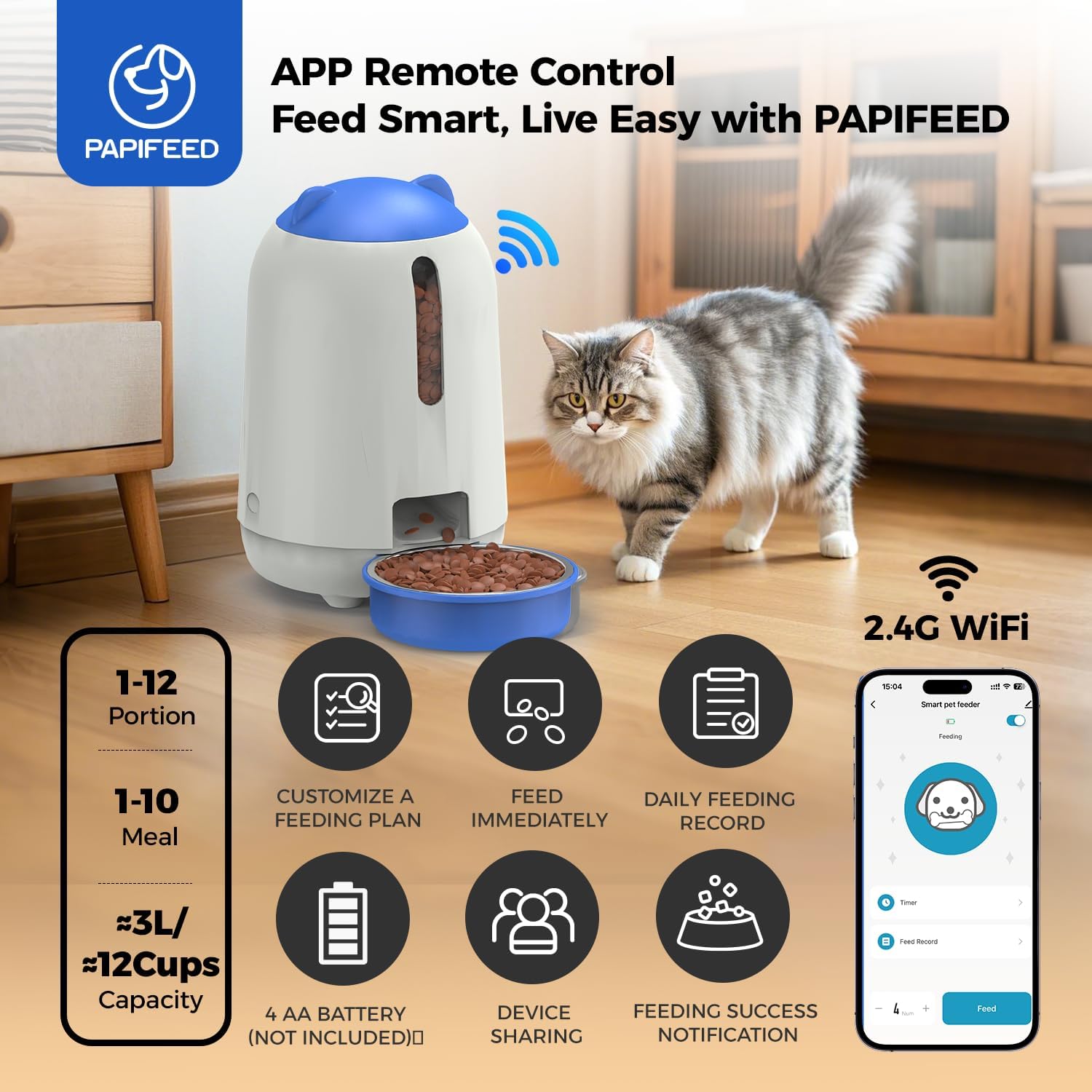 Comedor PAPIFEED con App WiFi 2.4G – Capacidad de 3L para Alimentación Segura y Puntual - Imagen 7