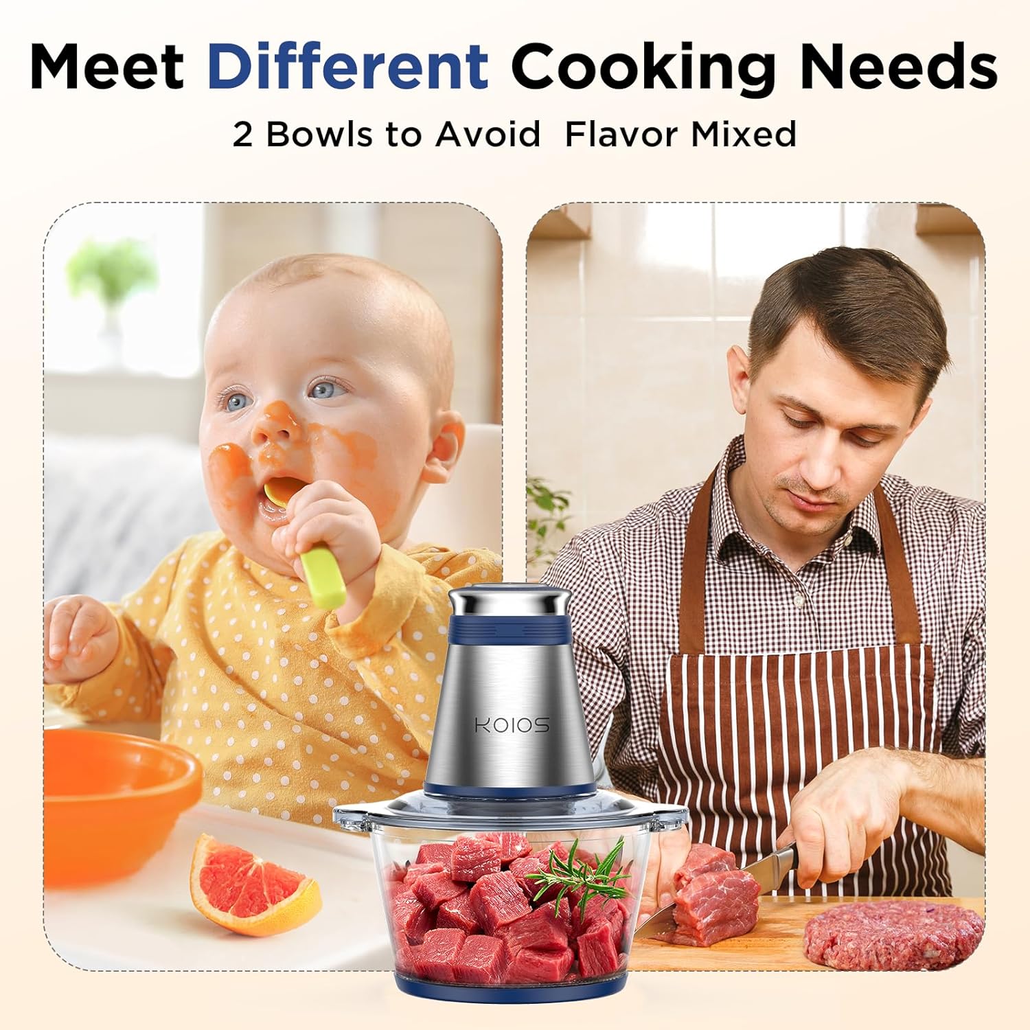 Procesador de Alimentos KOIOS 500W | Picadora Eléctrica con 2 Recipientes de 2L, Cuchillas Doble Nivel | Pica Carne, Verduras, Frutos Secos y Más – Azul - Imagen 5